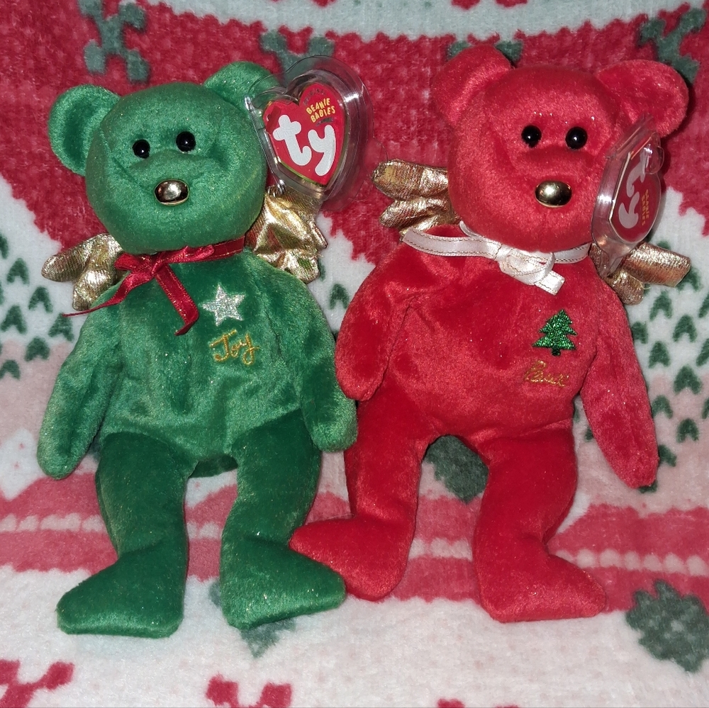 Set TY Beanie Babies Angel Christmas Gift Joy Green Bear Peace Red Bear NWT
